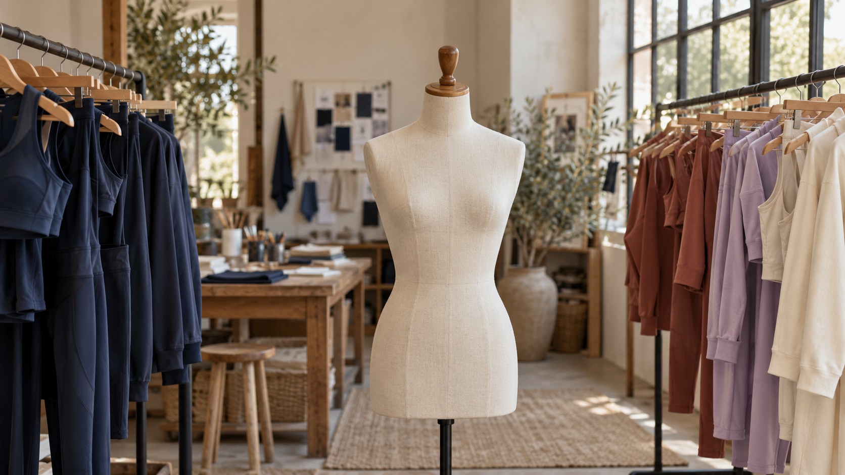 Apparel development studio with a dress form and coordinated garment racks