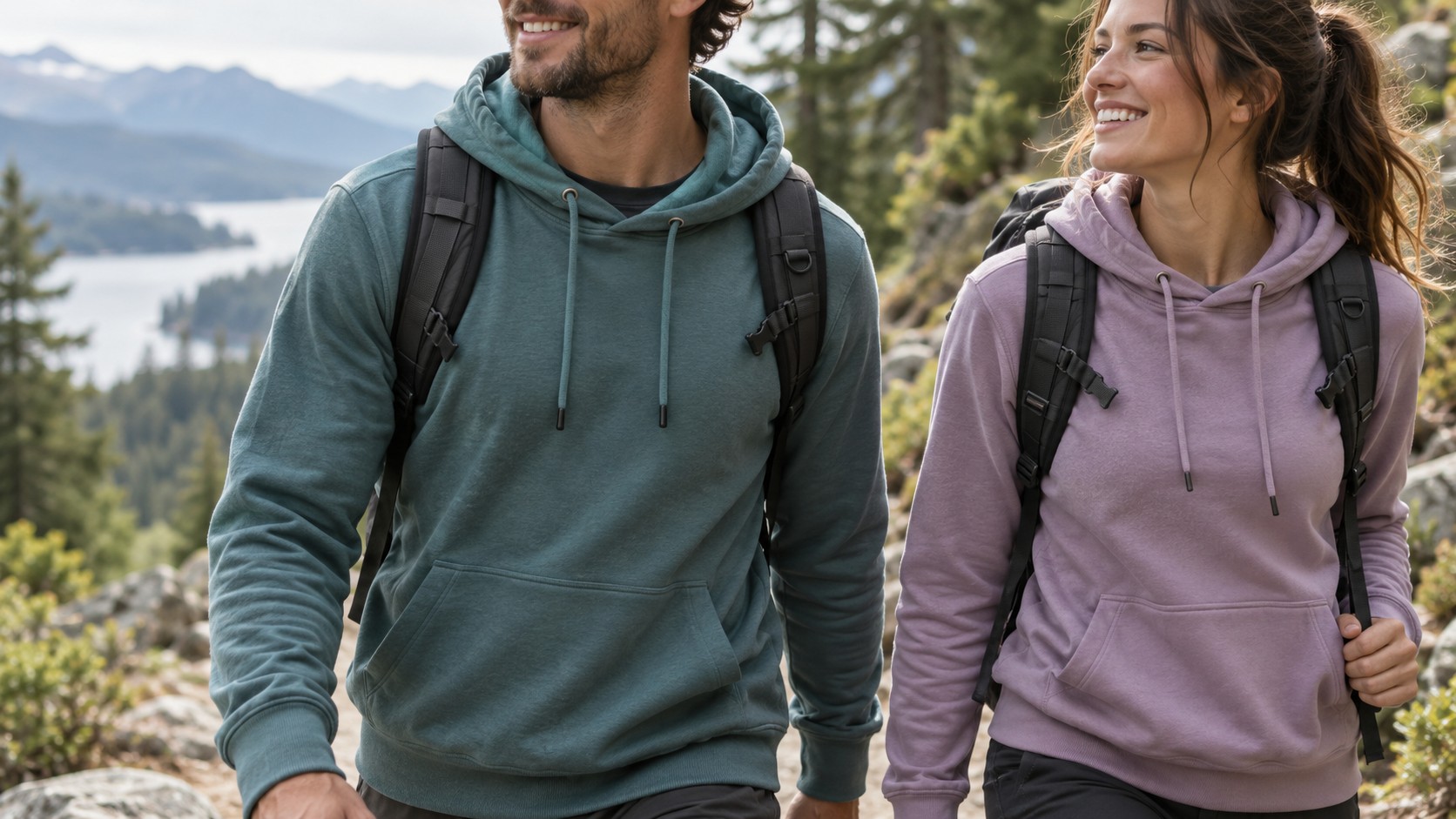 Two hikers wearing teal and lilac hoodies