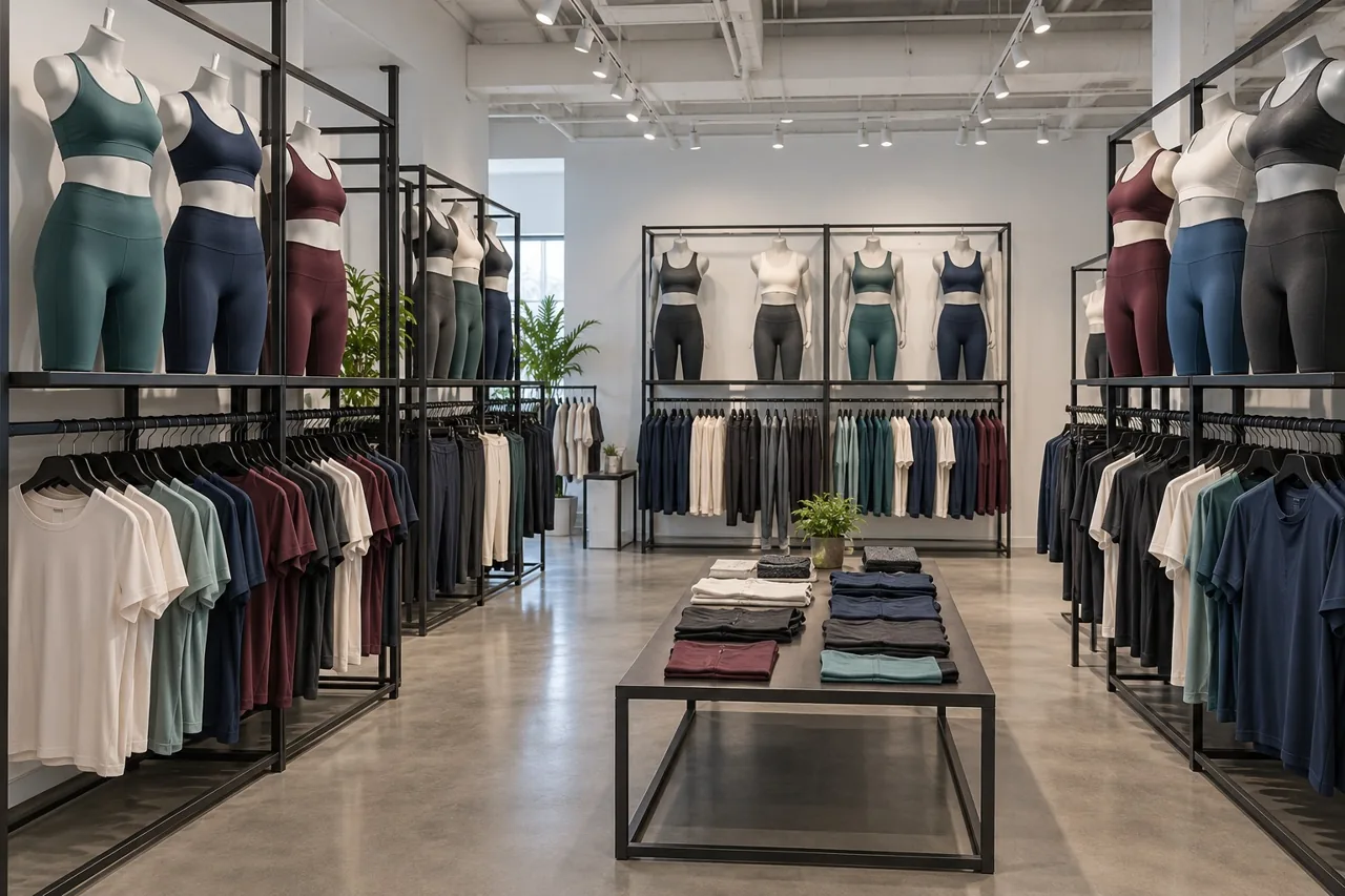 Sportswear sample showroom with coordinated garments and display forms — illustrative image