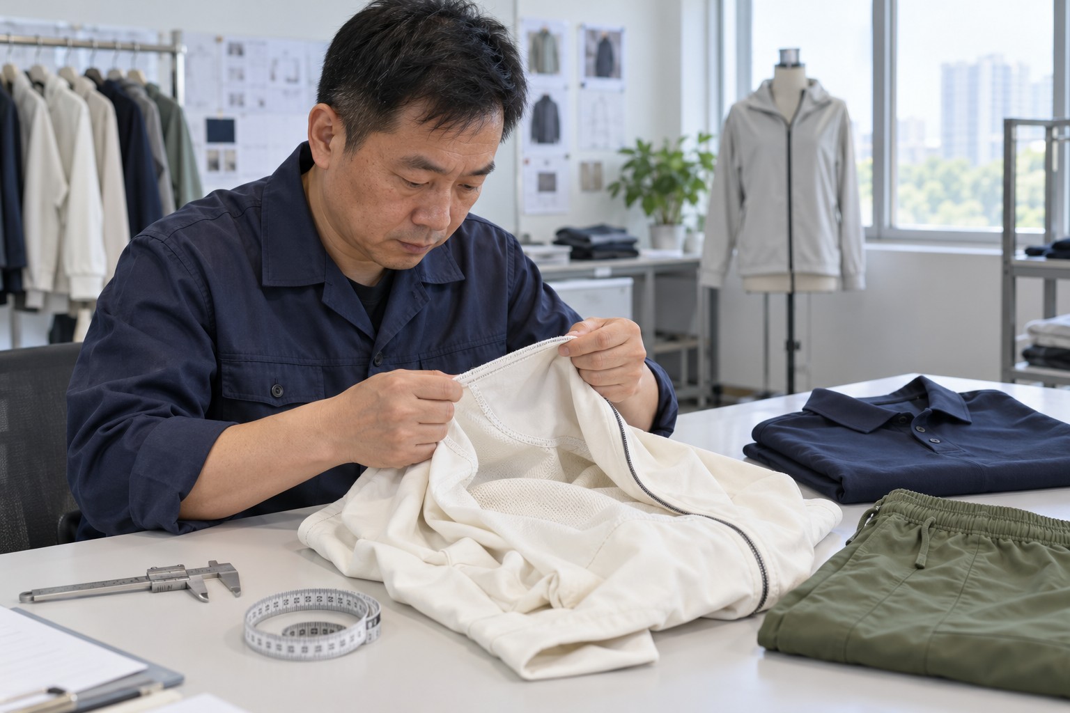 Chinese garment quality inspector reviewing seam construction