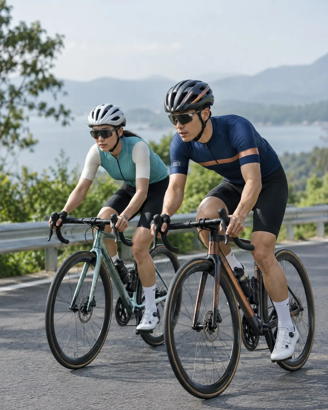 Two road cyclists wearing navy and teal jerseys with black cycling shorts