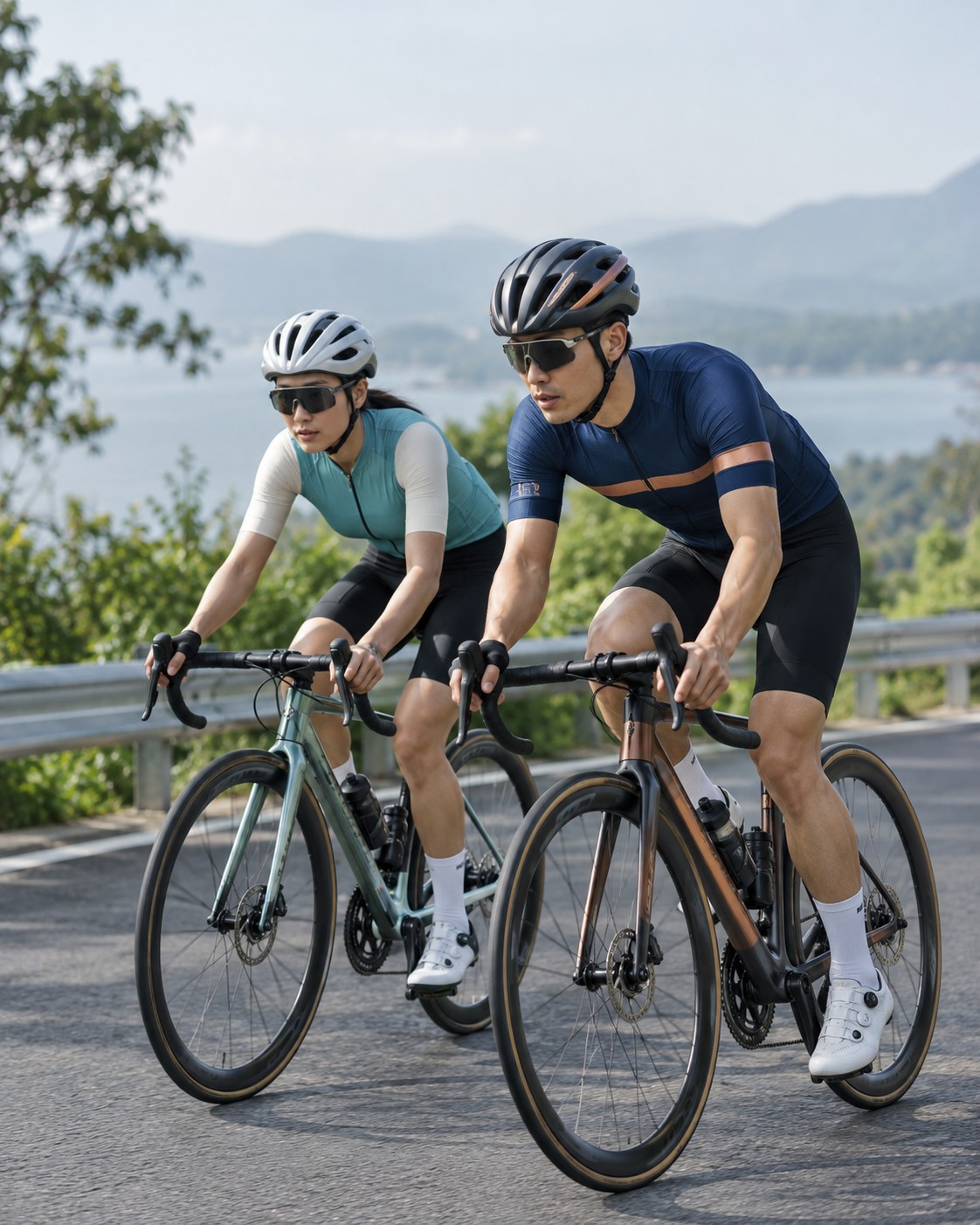 Two road cyclists wearing navy and teal jerseys with black cycling shorts