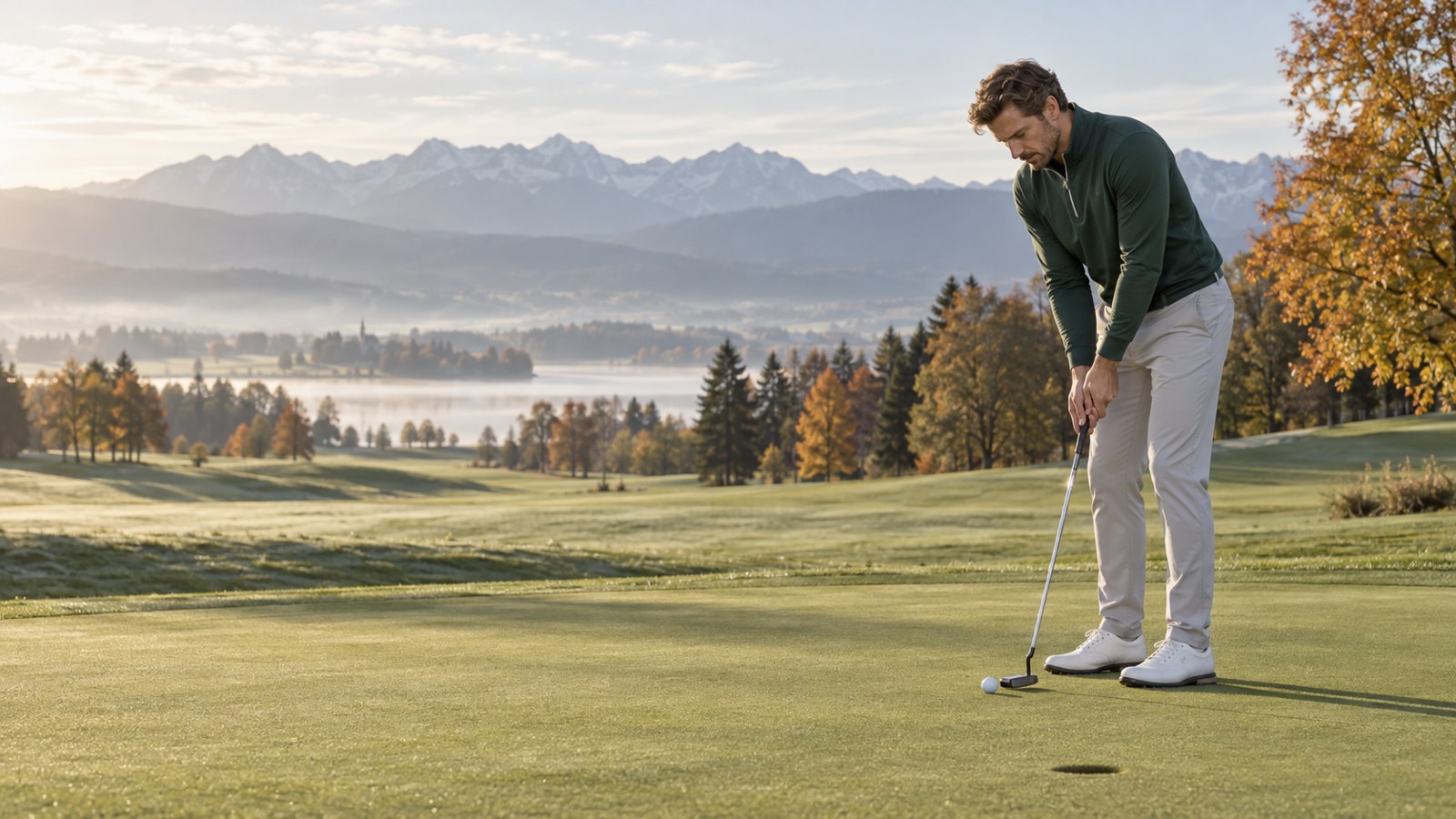 Golfer in a green quarter-zip top and light trousers putting on a mountain course