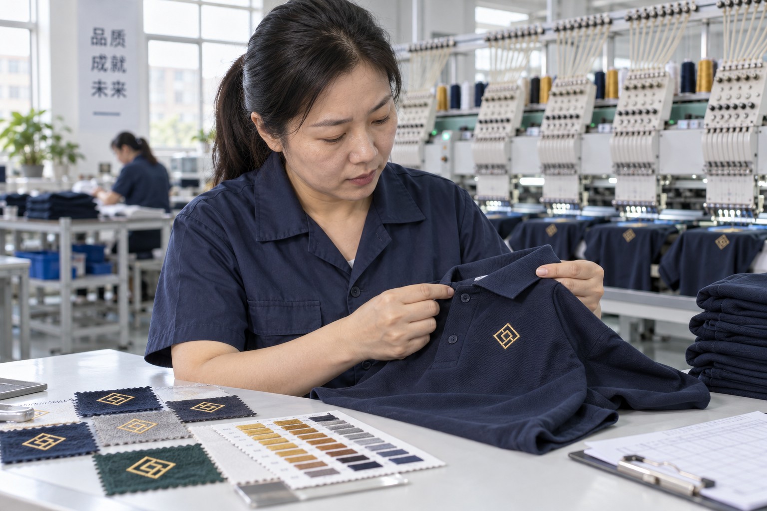 Chinese quality inspector examining embroidered sportswear