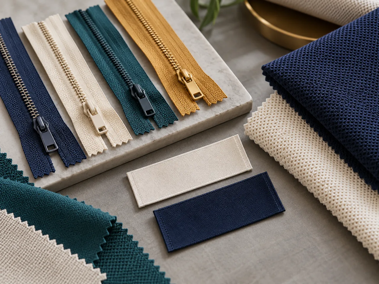 Zippers, labels and fabric swatches for golfwear
