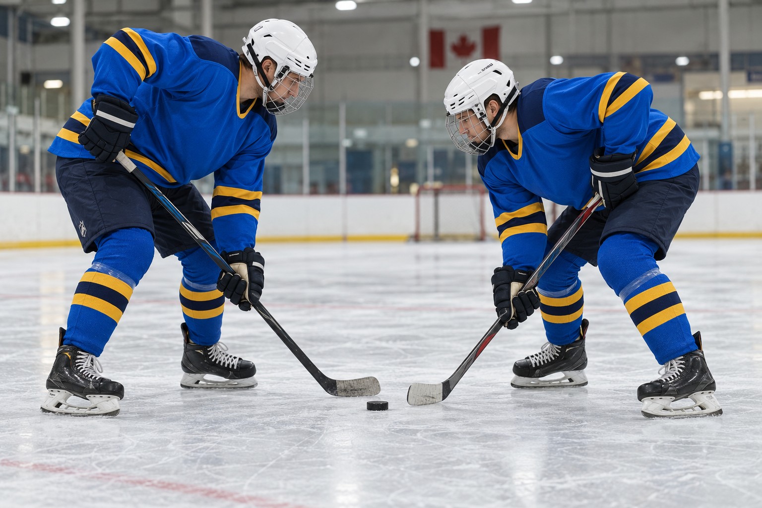 Two hockey players in blue and gold jerseys on an indoor rink — illustrative image