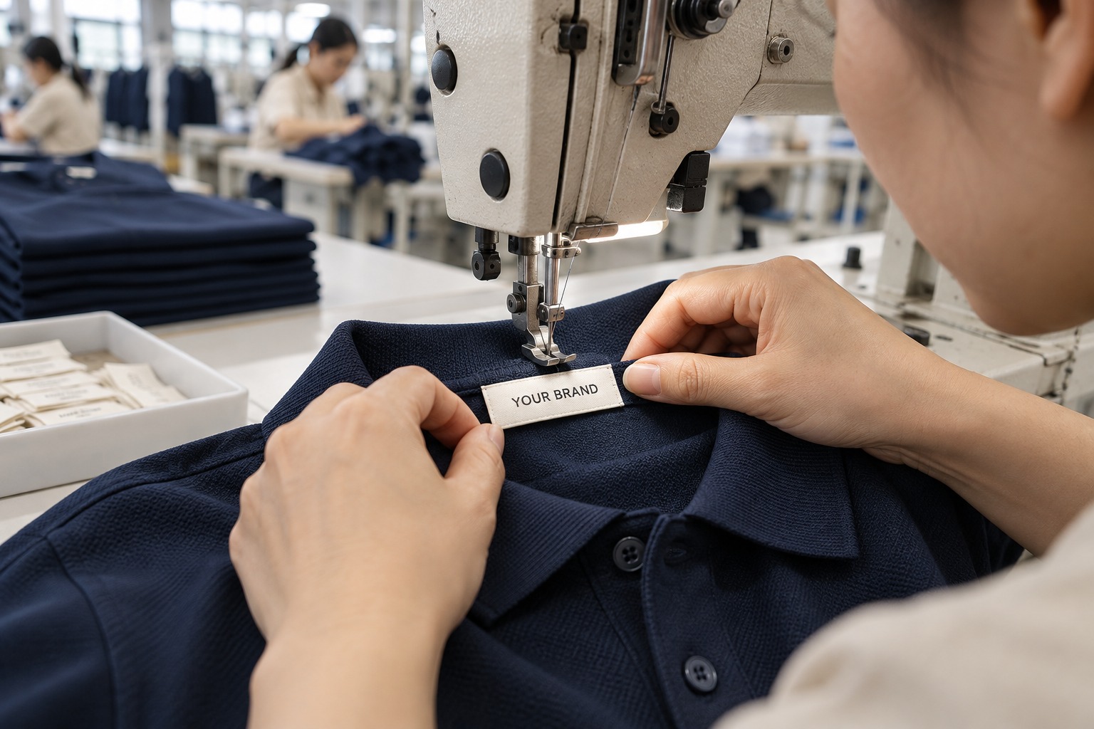 Garment technician attaching a custom woven neck label