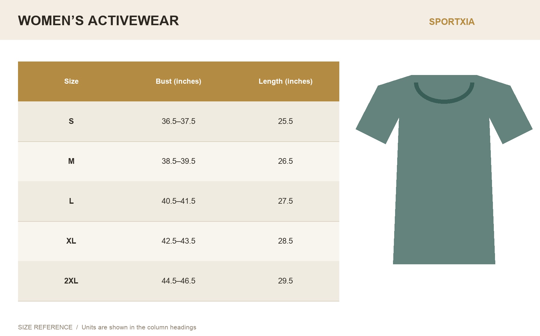 Women’s Sizing size chart with measurement values