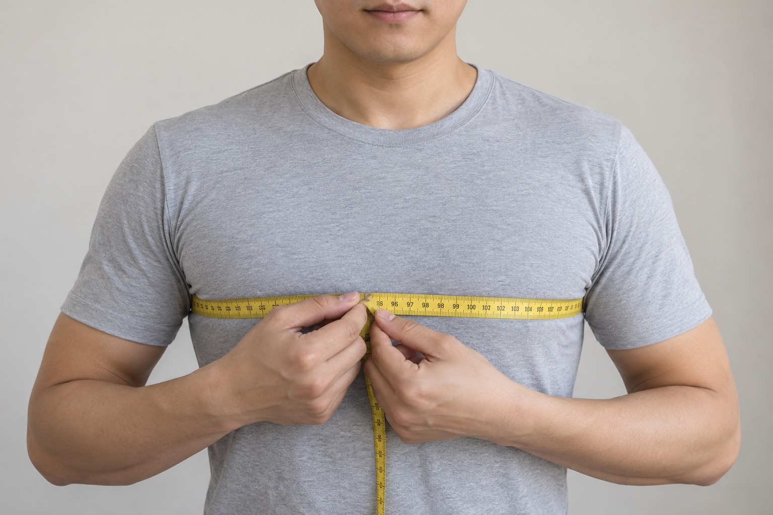 Chest measurement demonstration with a tailor tape
