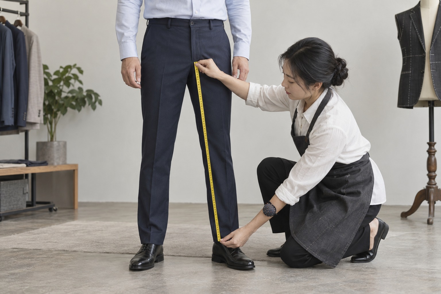 Inseam measurement demonstration with a tailor tape