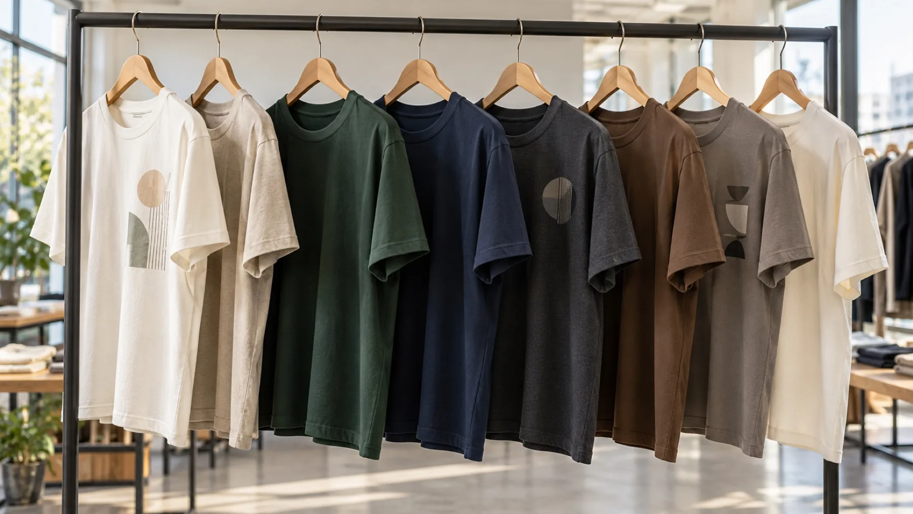 Crew-neck T-shirts in neutral, green and navy colors hanging on a garment rack