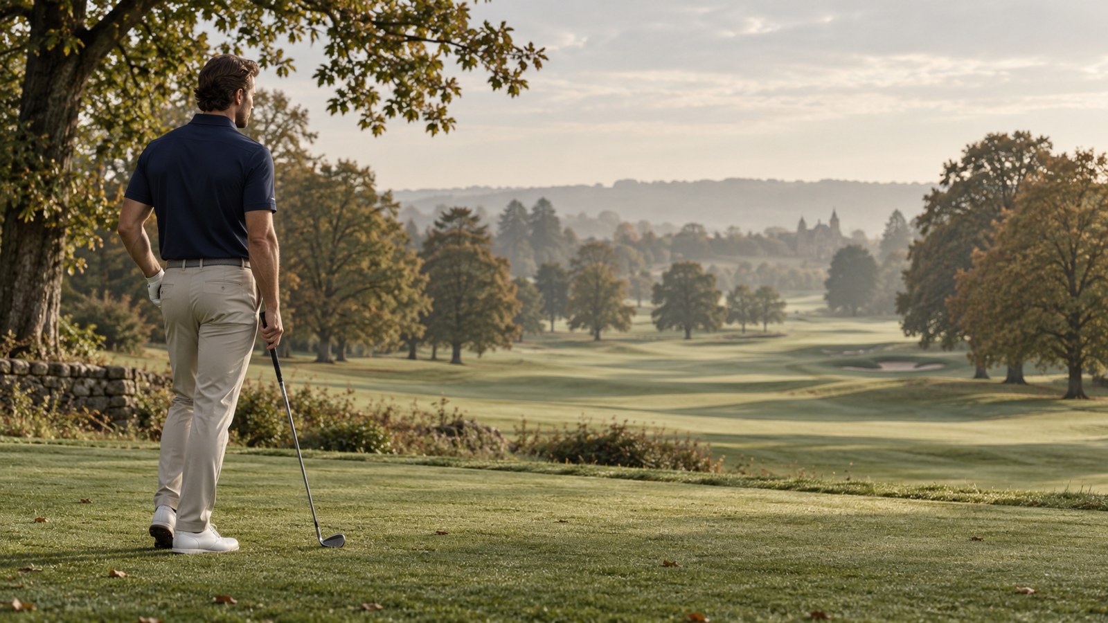 Golfer in a navy polo and beige trousers overlooking a tree-lined golf course